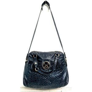 Elliott Lucca WOVEN BLACK GENUINE LEATHER ZIP TOP SHOULDER BAG HANDBAG HOBO TOTE